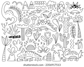 Cute dinosaurs, jurassic reptile, eggs, jungle nature element lined doodle sketch set. Prehistoric dino outline character collection graphic design and decorative floral drawings vector illustration