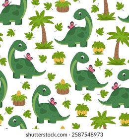 Cute dinosaurs kids cartoon pattern. Seamless pattern with dinosaurs and prehistoric plants for children.