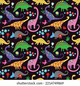 Cute Dinosaurs kids pattern for Girls and Boys Cartoon Cute Animals on Blue Creative seamless background hand drawn funny Pink Dino for textile and fabric design
