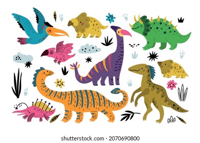 Cute dinosaurs. Kids style dinos funny prehistoric