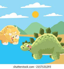 cute dinosaurs in the lake cartoon