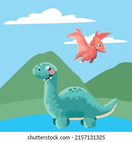 cute dinosaurs lake and mountains cartoon