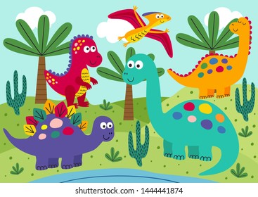 Cute Dinosaurs With Landscape Background - Vector Illustration, Eps