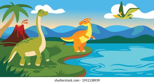 Los dinosaurios bonitos con el paisaje. Escena prehistórica de dibujos animados con lago, volcán, montaña y palmera. Fondo vectorial de animales Jurásicos. Criaturas mitológicas cerca del río con montaña