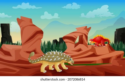 Cute dinosaurs living in the nature landscape