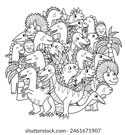 Cute dinosaurs mandala for kids. Funny dino characters coloring page. Doodle outline background. Vector illustration