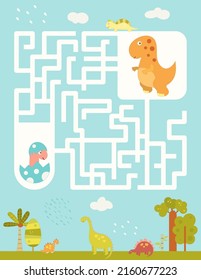 Cute Dinosaurs Maze game for children. Help Red Dinosaur find correct way to Baby Dino. Vector illustration. Dino labyrinth for kids activity book.