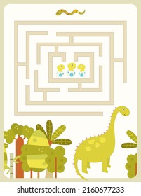 Cute Dinosaurs Maze game for children. Help Big Green Dinosaur find correct way. Vector illustration. Dino labyrinth for kids activity book.