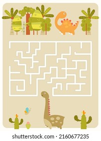 Juego de Dinosaurios para niños. Ayuda a los Dinosaurios divertidos a encontrar la manera correcta de llegar a la jungla. Ilustración vectorial. Dino laberinto para el libro de actividades para niños.