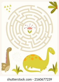 Cute Dinosaurs Maze game for children. Help Funny Dinosaurs find correct way to Flower. Vector illustration. Dino labyrinth for kids activity book.