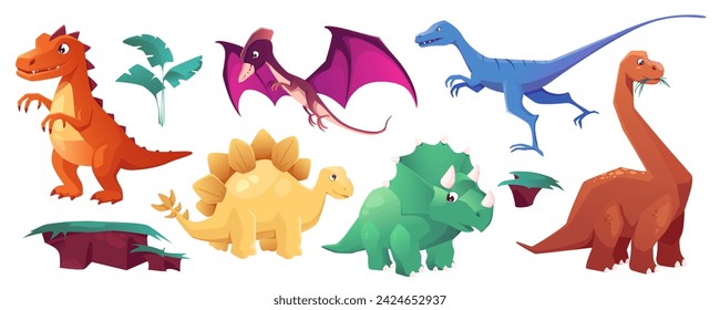Cute dinosaurs mega set in cartoon graphic design. Bundle elements of different types prehistoric dinos, plants, ground shapes. Funny ancient predator characters. Vector illustration isolated objects svg