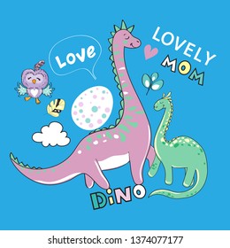 Cute dinosaurs mom with a child and the inscription lovely mom on a blue background