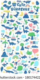 Cute dinosaurs and natural elements clipart. Dinosaur party decor set. Kids birthday or baby shower decoration. Funny dinosaur and prehistoric nature detail handdrawn clip art. Dinosaur sticker pack