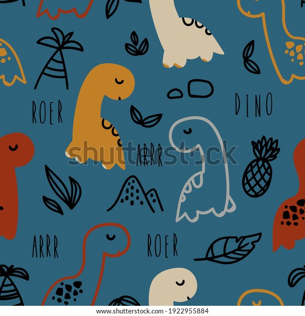 Cute Dinosaurs On Blue Background Scandinavian Stock Vector (Royalty