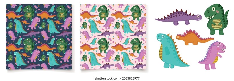Cute dinosaurs on dark and light  background. Children's colorful print, seamless pattern for textile, wallpaper, wrapping paper, fabric. 