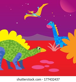 cute dinosaurs on night pink planet background