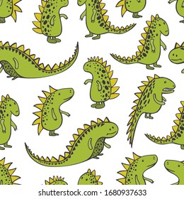 Cute dinosaurs on white background. Vector seamless pattern.