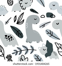 Cute dinosaurs on a white background in Scandinavian style, seamless vector pattern. For baby boys ' clothing