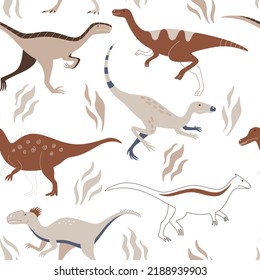 Cute dinosaurs on a white background run between plants. Seamless pattern with wild prehistoric animals