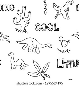 Cute dinosaurs and palm trees, cacti.  Seamless pattern. Hand drawn vector doodle design for kids,  fabric. 