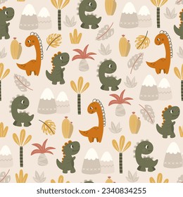 Cute dinosaurs, palm trees and mountains on a light background. Childish seamless pattern. Dino baby cute background. Dinosaur vector illustration.