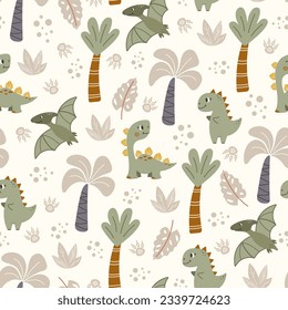 Cute dinosaurs and palm trees on a light background. Childish seamless pattern. Dino baby cute background. Dinosaur vector illustration.