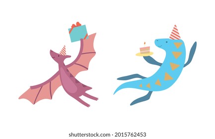 Cute Dinosaurs in Party Hats Celebrating Holidays Set, Adorable Funny Dino Characters Holding Gift Box and Piece of Cake Cartoon Vector Illustration