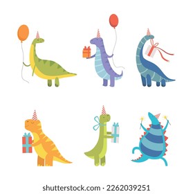 Cute Dinosaurs in Party Hats with Gift Boxes Celebrating Happy Birthday Vector Set