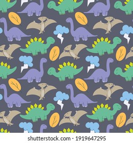 cute dinosaurs pattern design vector. Dinosaurs Cute kids pattern for girls and boys, Colorful Cartoon Animals on the abstract Creative seamless background, Artistic Backdrop for textile and fabric.
