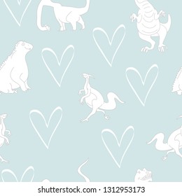 Cute dinosaurs pattern. Funny cartoon dino. Dino and hearts. Hand drawn vector doodle design for girls, kids. Hand drawn children's illustration for fashion clothes, shirt, fabric