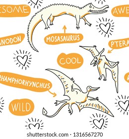Cute dinosaurs pattern. Funny cartoon dino. Dino and hearts. Hand drawn vector doodle design for girls, kids. Hand drawn children's illustration for fashion clothes, shirt, fabric
