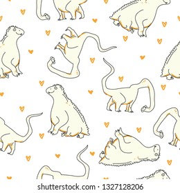 Cute dinosaurs pattern. Funny cartoon dino. Dino and hearts. Hand drawn vector doodle design for girls, kids. Hand drawn children's illustration for fashion clothes, shirt, fabric