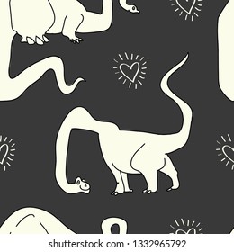 Cute dinosaurs pattern. Funny cartoon dino. Dino and hearts. Hand drawn vector doodle design for girls, kids. Hand drawn children's illustration for fashion clothes, shirt, fabric