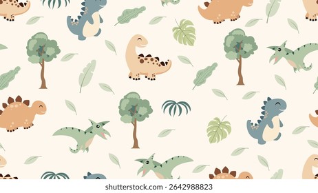 Cute dinosaurs pattern. Jungle dinosaurs animal seamless pattern. Safari dinosaurs and tropical plants.  Perfect for fabrics, print, textile, wallpaper, decor. SSTKbackgrounds 