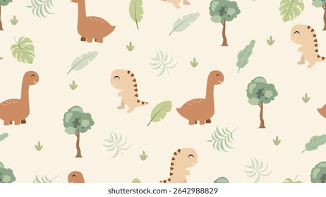 Cute dinosaurs pattern. Jungle dinosaurs animal seamless pattern. Safari dinosaurs and tropical plants.  Perfect for fabrics, print, textile, wallpaper, decor. SSTKbackgrounds 