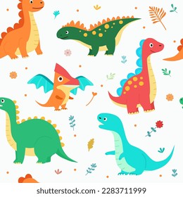 Cute dinosaurs pattern on white background. Vector cartoon flat illustration