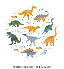 Cute Dinosaurs Pattern of Round Shape, Prehistoric Animals Design Element Vector Illustration