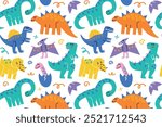 Cute dinosaurs pattern, seamless background for nursery textile or wallpaper, wrapping paper for birthdays, funny dino decoration, animal print with tyrannosaurus rex, triceratops, stegosaurus