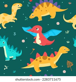 Cute dinosaurs pattern seamless on dark background. Vector flat cartoon illustration