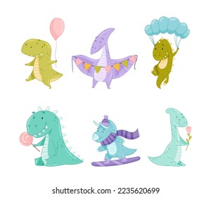 Cute dinosaurs performing outdoor activities set. Dino flying with parachute, riding snowboard, walking, eating lollipop cartoon vector illustration