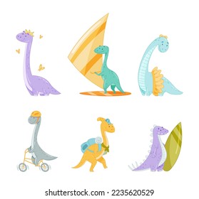 Cute dinosaurs performing summer sports and outdoor activities set. Dino sailing, riding surfboard and bike cartoon vector illustration