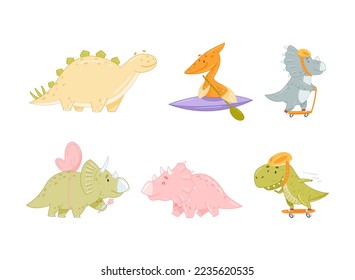 Cute dinosaurs performing summer sports and outdoor activities set. Cute dino canoeing, riding skateboard and kick scooter cartoon vector illustration