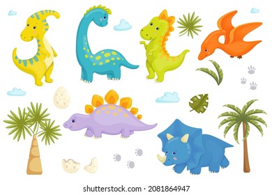 Cute dinosaurs and plants clipart. Cartoon vector graphics.