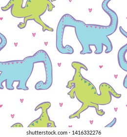 Cute dinosaurs and plants. Funny cartoon dino seamless pattern. Hand drawn vector doodle design for girls, boys, kids. Hand drawn children's pattern for fashion clothes, bed linen, fabric, wrapping