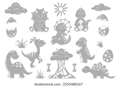 Cute dinosaurs, plants, volcano, eggs, clouds, sun. Vector set of silhouettes of illustrations of prehistoric animals and plants, on an isolated background.