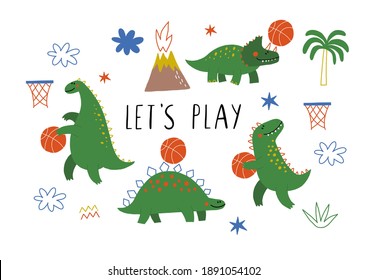 Cute Dinosaurs playing basketball - vector illustration in flat style. Cartoon dino with basketball