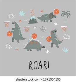 Cute Dinosaurios jugando baloncesto - ilustración vectorial en estilo plano. Dino de caricatura con baloncesto