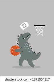 Cute Dinosaurs playing basketball - vector illustration in flat style. Cartoon dino with basketball