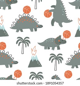 Cute Dinosaurs playing basketball - vector illustration in flat style. Cartoon dino with basketball seamless pattern