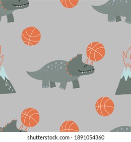 Cute Dinosaurs playing basketball - vector illustration in flat style. Cartoon dino with basketball seamless pattern